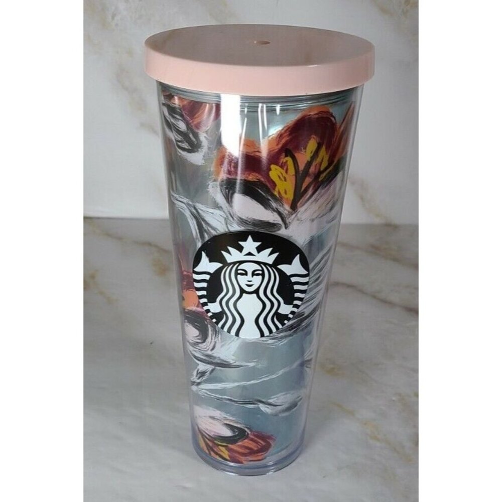 2019 Starbucks Pink Peony Floral‎ Venti 24 Oz Tumbler Pink Lid NO STRAW